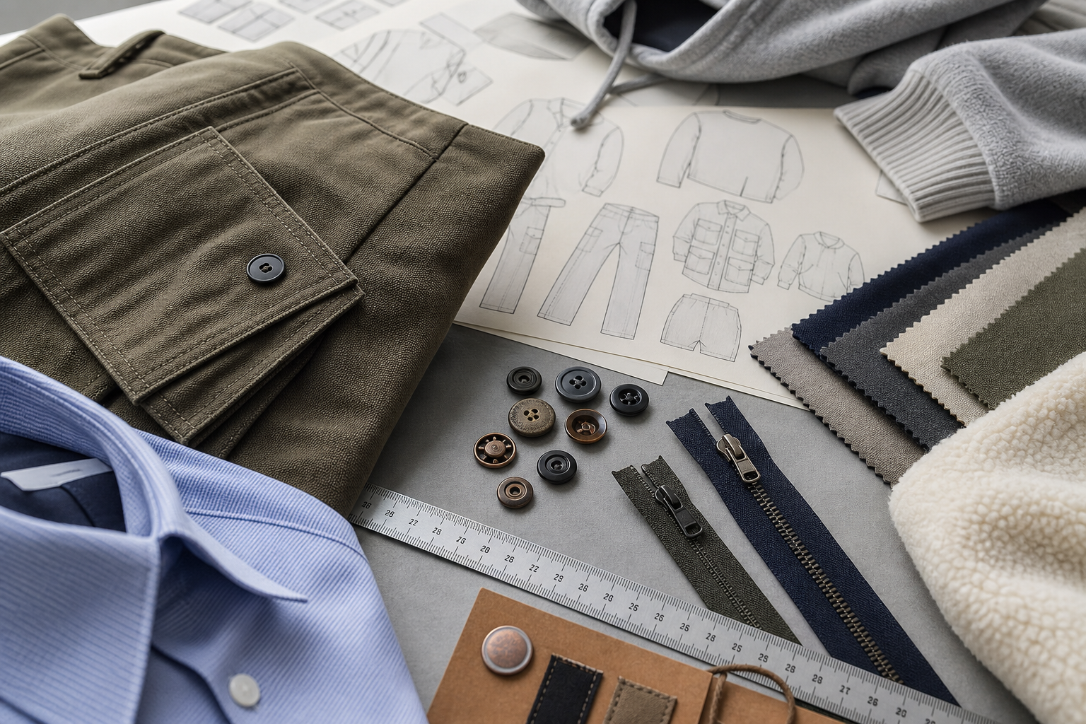 Menswear fabrics, trims, cargo pocket, shirt collar, and measurement details